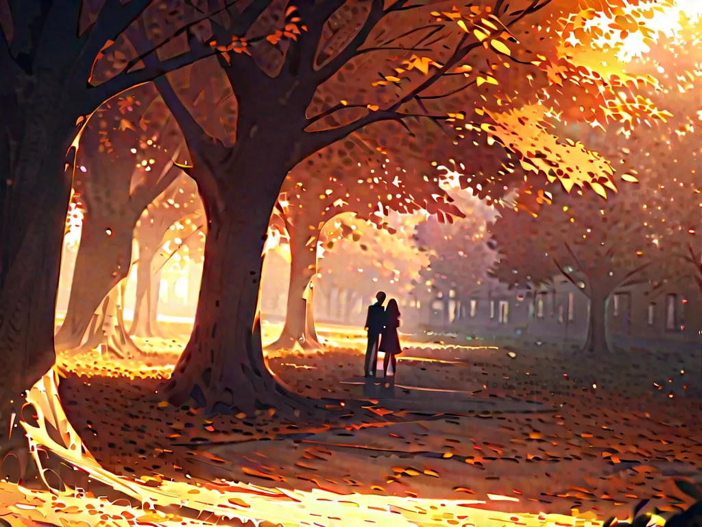 Abstract ART,  without details Create an abstract image depicting a couple in an abandoned park,  with an autumnal landscape in the background . The couple must be separated  ,Far from each other ,  with melancholic and dreamy expressions .  The sunlight m...