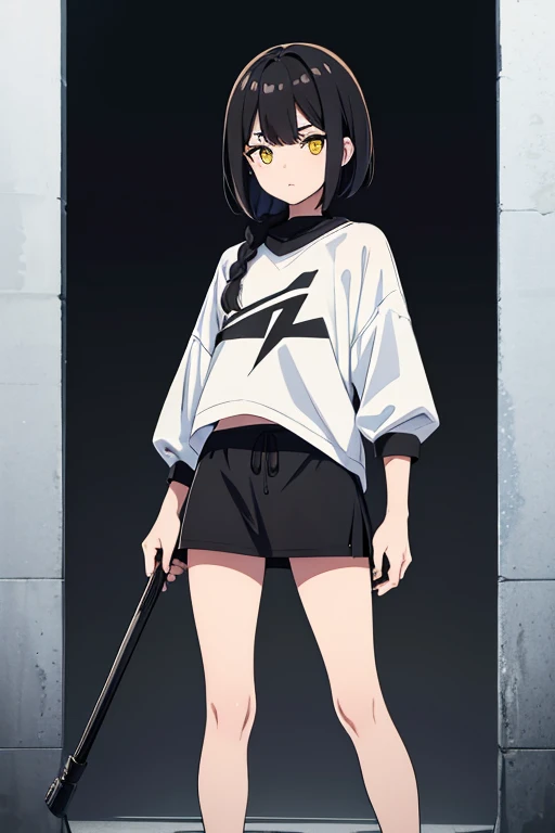   high res,   boyish ,    1 girl,  black hair, Sporty shortcuts,   asymmetrical hairstyle  ,  Asymmetrical bangs,   yellow eyes,  There are three circles in the middle of the eye,  Skater Style Street Fashion, slightly oversized bottoms,  standing,  futana...