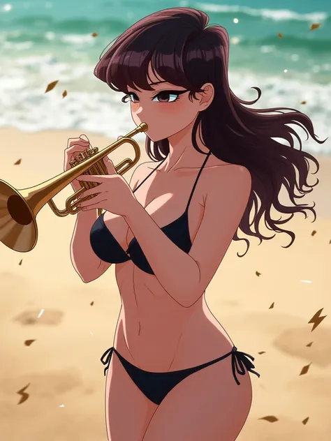 Create only realistic style girl  , ( playing trumpet), (  dynamic posture  ), (}  bikini black  ),   voluminous and curved body shapes  /(  dark brown hair , Smooth and elegant hairstyle  /)  chelka ,   puffy cheeks ( slightly open eyes ), ( holding a tru...