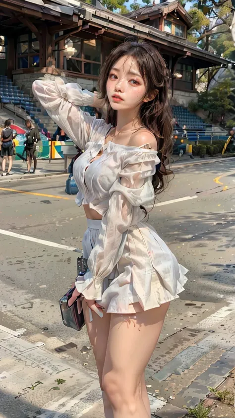 A beautiful young Japanese woman, 20 years old, with perfect anatomy, healthy thighs, beautiful feet, flawless skin, random hair color and style, large bust, (she is standing:1.2), wearing a cheerleader uniform with micro-pleated miniskirt, in a full body ...