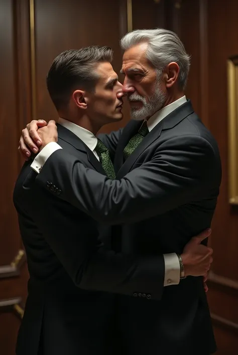 Handsome old man dressed in a dark gray suit and printed tie kissing a handsome young man also dressed in a black suit and green tie hidden in the office of his mansion