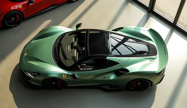 A high-resolution image of the 2025 Ferrari Purosangue in off-green color, taken from a top-down perspective in a luxury showroom. The image captures the aerodynamic roofline, panoramic sunroof, and sculpted body design. The Ferrari logo is visible in the ...