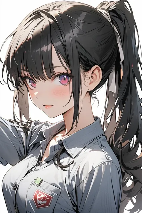  1 girl,  black hair,  ponytail, Work clothes, 