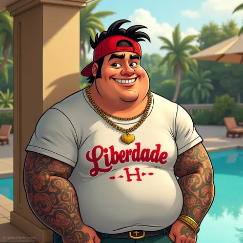  young male cartoon character, Chubby guy with several tattoos on his arms, with using a , T-shirt written Liberdade in Portuguese red caps,  heart ring with gold accessories, chains,   smiling,  inside a mansion ,  Poolside ,  leaning against a Urus 