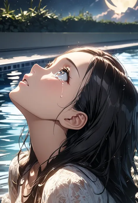 A high-quality anime illustration, 1girl, wearing a dress, (crouching by the poolside:1.3), from side, ((looking up at the sky)), straight black hair, beautiful and detailed eyes, brown irises, a well-defined, attractive face, (detailed beautiful face:1.2)...