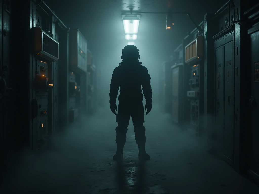 A picture of an astronaut wearing a black costume in a dark and mysterious corridor