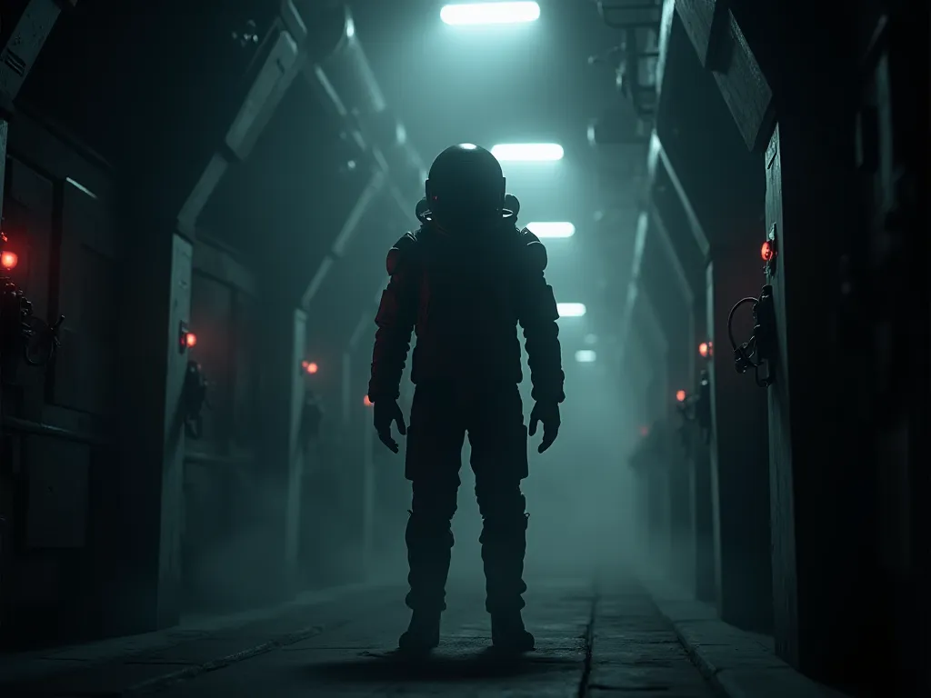 A picture of an astronaut wearing a black costume in a dark and mysterious corridor