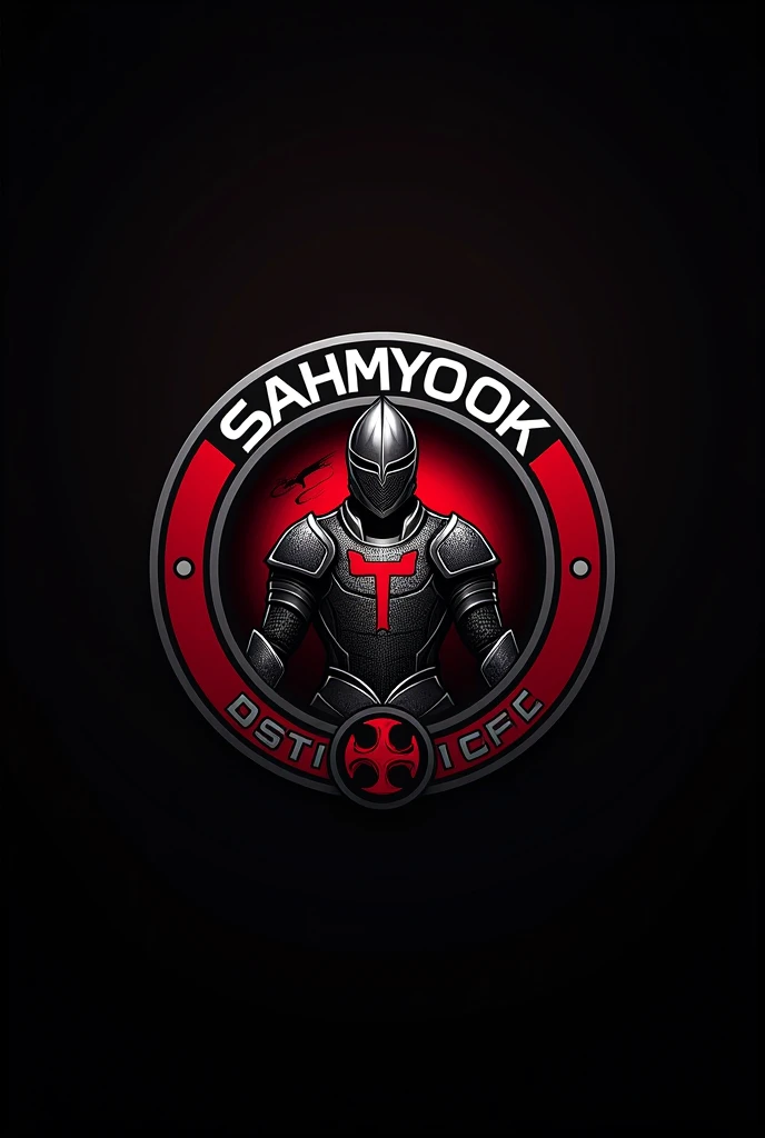 Make a circular soccer team logo with a black red base with sahmyook fc in it and the image of a knight