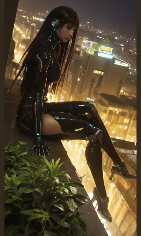 araffe sitting on a ledge in the rain with a plant, gynoid cyborg body, cyborg - girl, beutiful girl cyborg, cyborg girl, perfect anime cyborg woman, female cyberpunk girl, cyberpunk girl mech, perfect android girl, cute cyborg girl, cyberpunk 2 0 y. o mod...