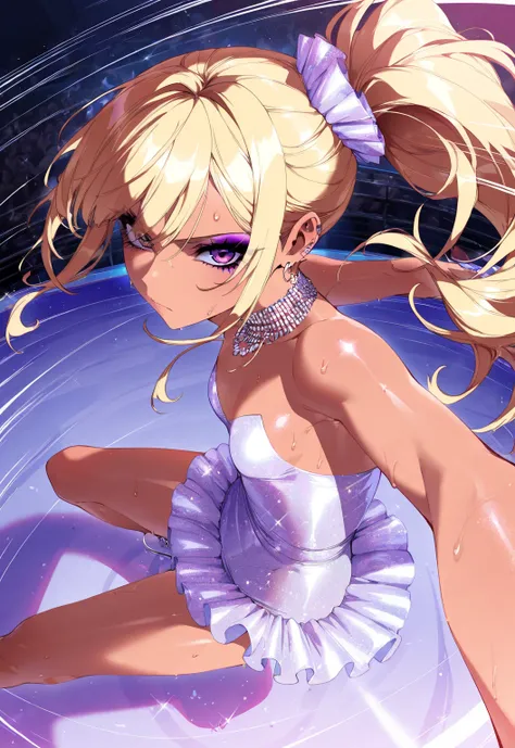 (sfw:1.5), makeup gyaru, cool beauty, solo girl, light skin, bee_wing, glitter white costume, figure_skating, gold hair, high side ponytail, slender, small breast, serious, perspective, from side, speed lines, sweat, fisheye