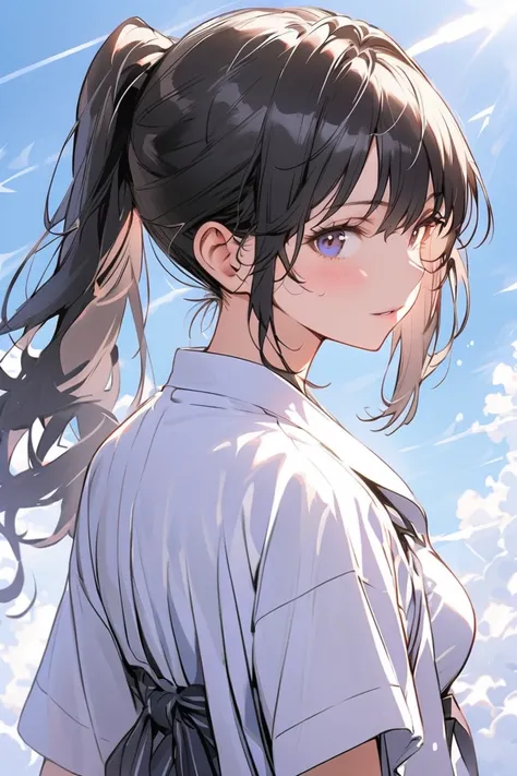  1 girl,  black hair,  ponytail,  work clothes