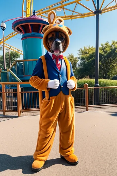 There is a detective in an amusement park wearing a dog costume as a mascot.