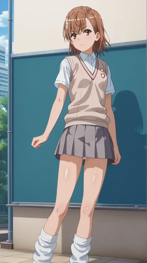 (UHD, retina, masterpiece, accurate, anatomically correct, super detail, high details,   highres, 1080P, 16k、high detail RAW color art:1.3)、 (misaka mikoto:1.3)、(short hair, brown hair:1.3)、(shiny skin:1.3)、(microskirt, shirt, school uniform, white shirt, ...