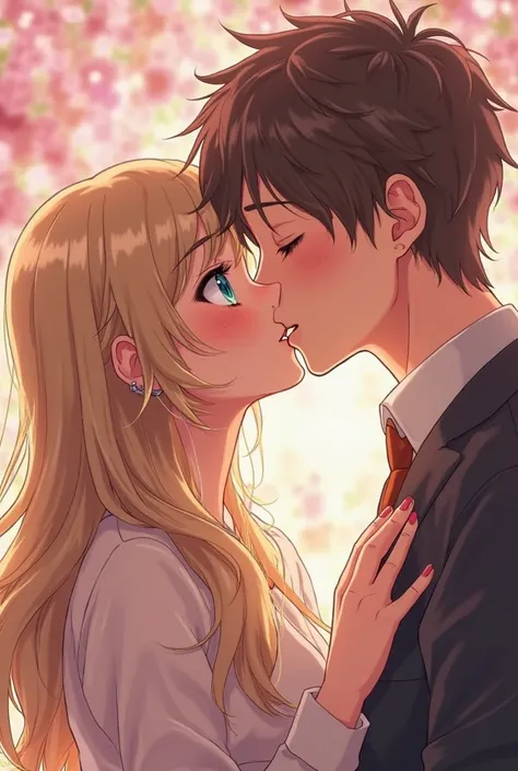 Create an image of me and my boyfriend kissing, me- the girlfriend has long blonde brown hair and blue-green eyes and pink lips, my boyfriend has a slightly tanned skin with brown eyes, dark brown hair and pink lips - in anime style and make them look very...