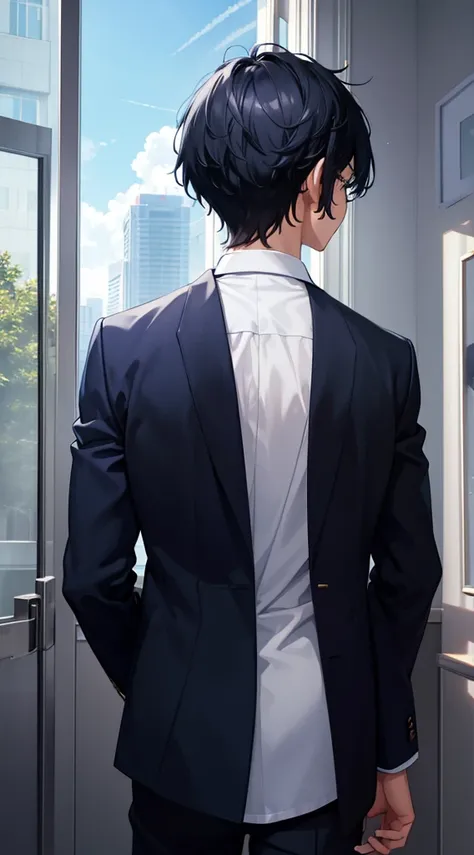 A man with standing black hair、18 years old、with darblue blazers、Watching outside window, Watching blue bright sky. Showing his back only. Towards us.