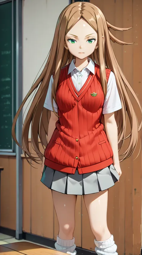 (UHD, retina, masterpiece, accurate, anatomically correct, super detail, high details,   highres, 1080P, 16k、high detail RAW color art:1.3)、(Kirie Konami ai:1.3)、(brown hair,long hair,forehead、green eyes:1.5)、(shiny skin:1.3)、(microskirt, shirt, school uni...