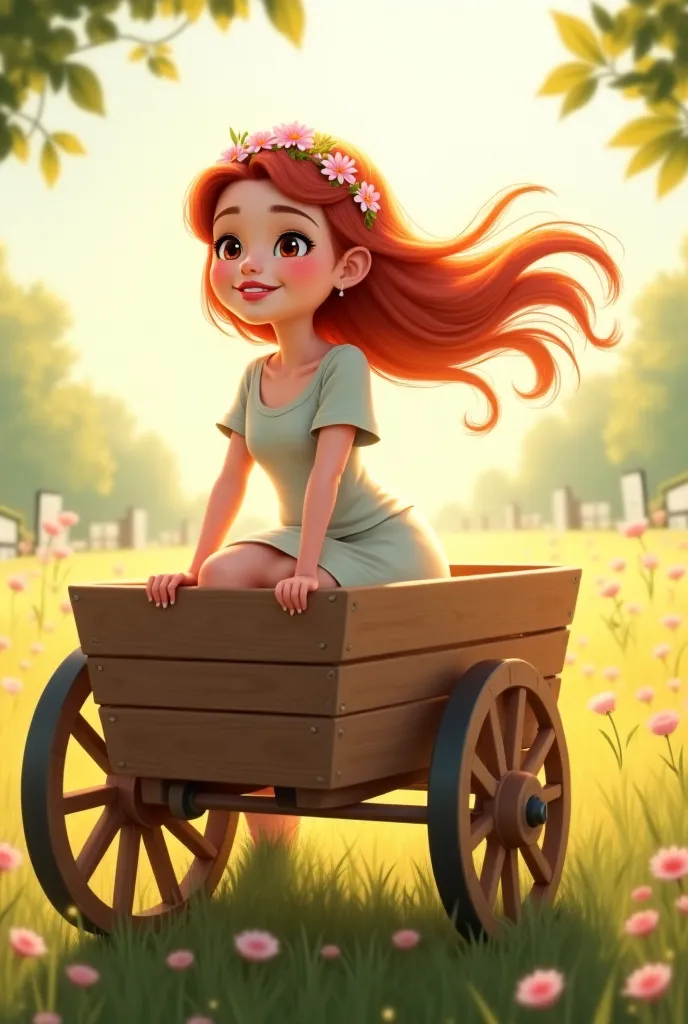 Cute pretty girl with a long hair, wearing casual dress riding on a cart, playful
