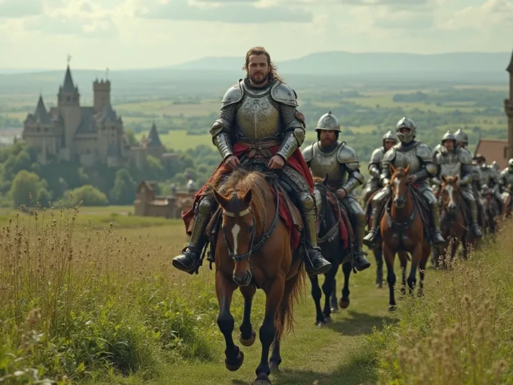 "A time traveler in medieval armor, riding a majestic horse, alongside knights in shining armor. The landscape is full of green fields, distant castles, and medieval structures. The scene exudes the feeling of an era long gone, with the traveler blending i...