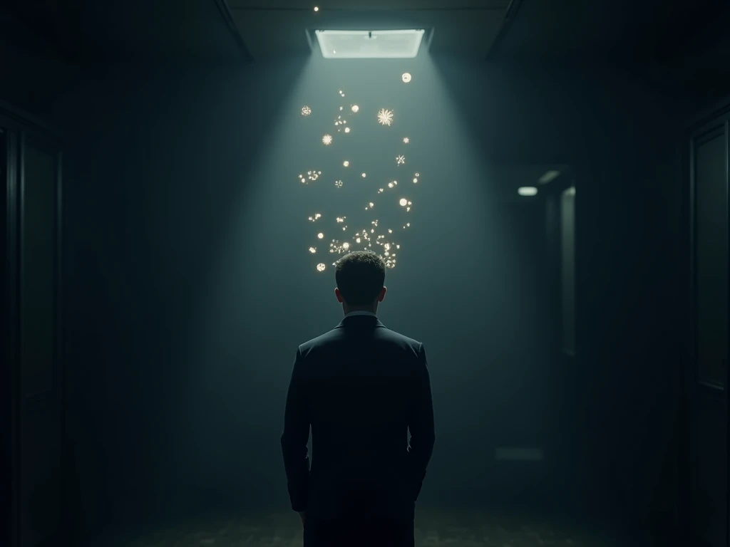 "A person standing in a quiet, dimly lit room, with glowing symbols surrounding their head, representing the ability to read minds. The room is mysterious and filled with shadows, as if the person is immersed in a world of secrecy and hidden thoughts."