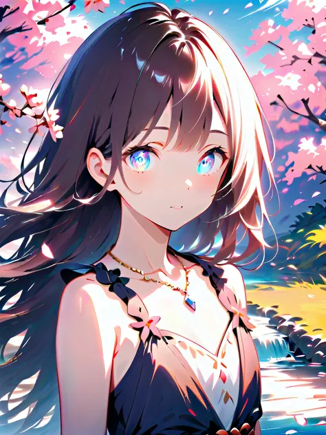 ( high quality ,  super precise ) ,( Handmade ) , 1  girl, Alone,  semi-long hair ,   BEAUTIFUL CRYSTAL EYES ,  necklace,  dress,  colorful, HIGHEST DEFINITION ,  upper body , Along with the river and cherry blossoms, flat chest,  Shade,