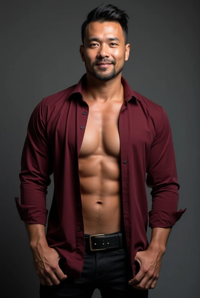 A man, age 49, height 189, weight 81, handsome, muscular, six pack, 8 abs, large arm muscles, firm chest, Thai ethnicity, dark face, tanned skin, short beard, short hair, wears a dark red shirt, unbuttoned, showing off his muscles. Long black jeans, his bo...