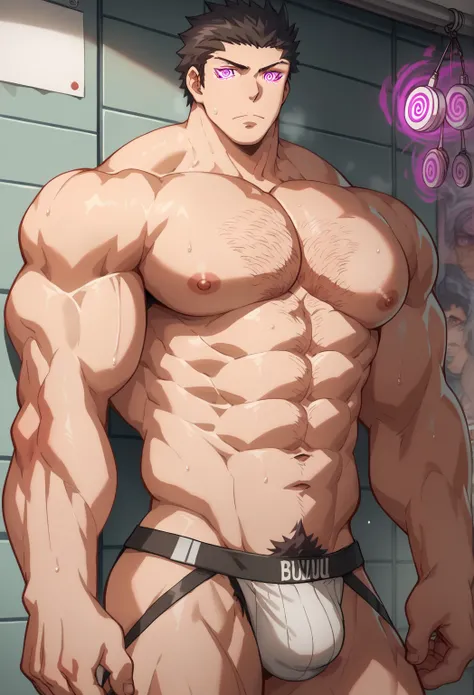 Tadaomi Karasuma, jockstrap, shirtless, muscular, muscles, broad shoulders, massive pecs, sweaty, hairy chest, glowing spiral in the eyes, blank expression, vacant stare, hypnotized, brainwashed, focused, High Resolution