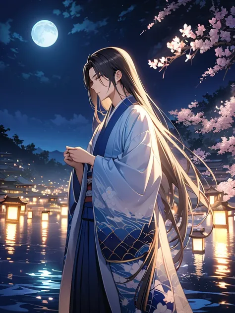        digital art   、8k、    top quality、 Beautiful World 、SeaArt Infinity、peace、 Genuine 、 male、 kimono、 beautiful、 long hair、 moonlight 