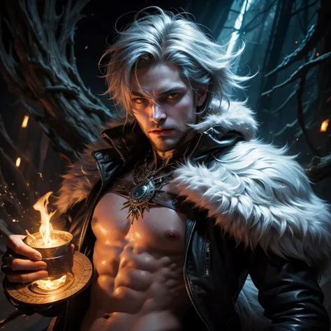 white werewolf, male, jacket, eyes blue, casting magic spell