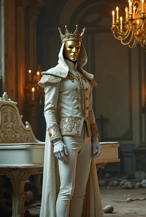 A tall and slender gentleman wearing a mask of pure gold like the opera, dressed in white and silver like a king,  with a silver cape with a third hair and a hood that covers his face, white gloves and a beautiful crown, Nine bright gold-colored lights are...