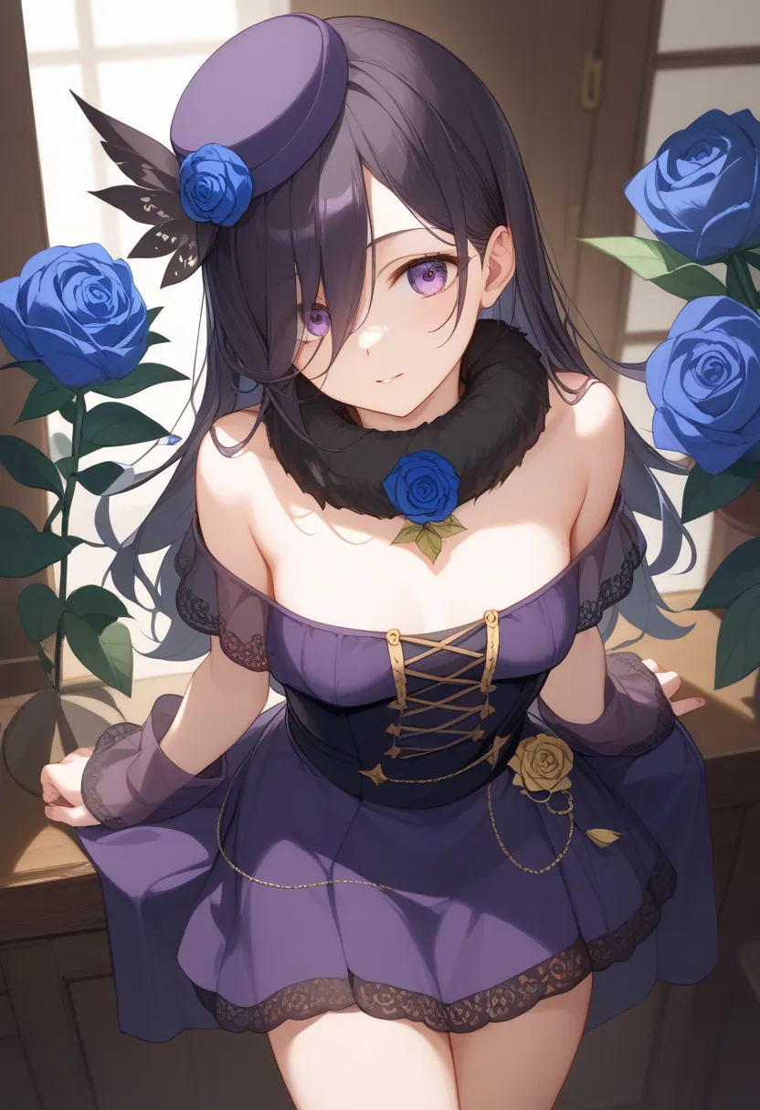  Masterpiece、 top quality、 high res、 rice shower  \(Uma Musume\)、Brown black hair、 long hair、 purple eyes、Fluttering bangs、 long bangs、 long hair、 Tiny Breasts 、 hair covering the right eye 、 small formal hat on right ear、Purple roses in a hat、dark purple ...