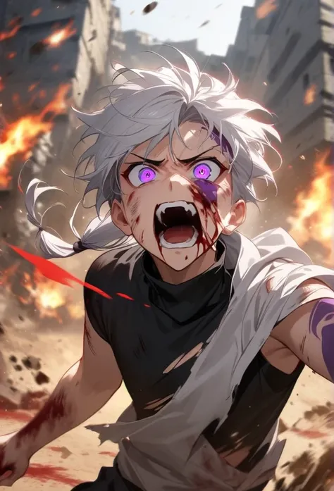   young Greek boy with long white hair tied , left arm with purple tattoo with fire symbols,  violet eyes ,  wearing a black turtleneck shirt torn by battle,  with battle wound damage all over her body ,  bleeding all over her body , bloody face, Blood sta...