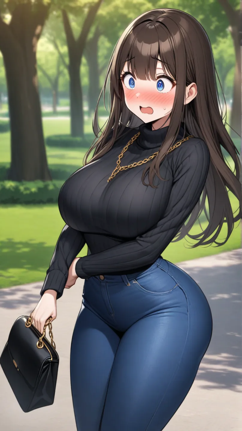 Tall slender brunette,the bangs are put on the side , dressed in blue tight jeans, white sneakers and a black sweater , around the neck gold chain , blue eyes,huge ass and medium breasts, carries a black purse ,in the park,surprised, blush on her face 