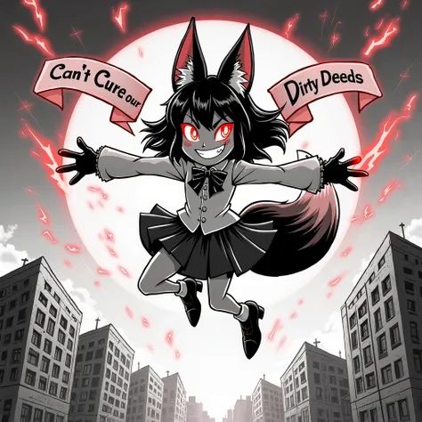 black and white cartoon style,Girl with a Evil smile, scarlet glowing eyes,Fox Ears, Fox Tail, bow tie, pleated skirt long-sleeved blouse, red glow from her over sized gloves, pointed high heel shoes, flying above the ground in a city, causing damage with ...