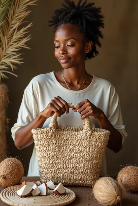 create a model image for a portrait with a handbag from coconut thread, a plate of many products from coconut fiber