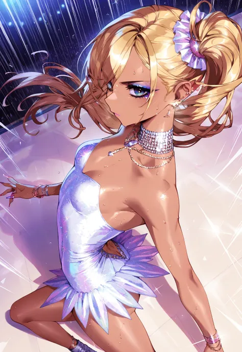 (sfw:1.5), makeup gyaru, cool beauty, solo girl, light skin, fairy_wing, glitter white costume, figure_skating, gold hair, high side ponytail, slender, small breast, serious, perspective, from side, speed lines, sweat, fisheye