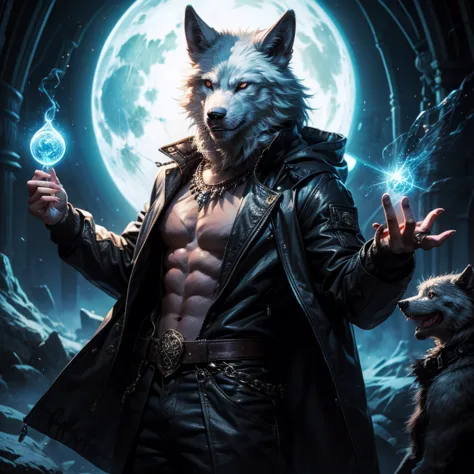 white werewolf, eyes blue, jacket, casting magic spell