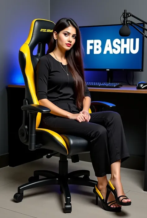 "a  beautiful pakistani girl, sits on a black gaming chair with yellow accent wearing modern black outfit with color matching shoes .behind him is a desk with computer monitor displaying the "FB ASHU" in large bold letters. the room has a modern design wit...