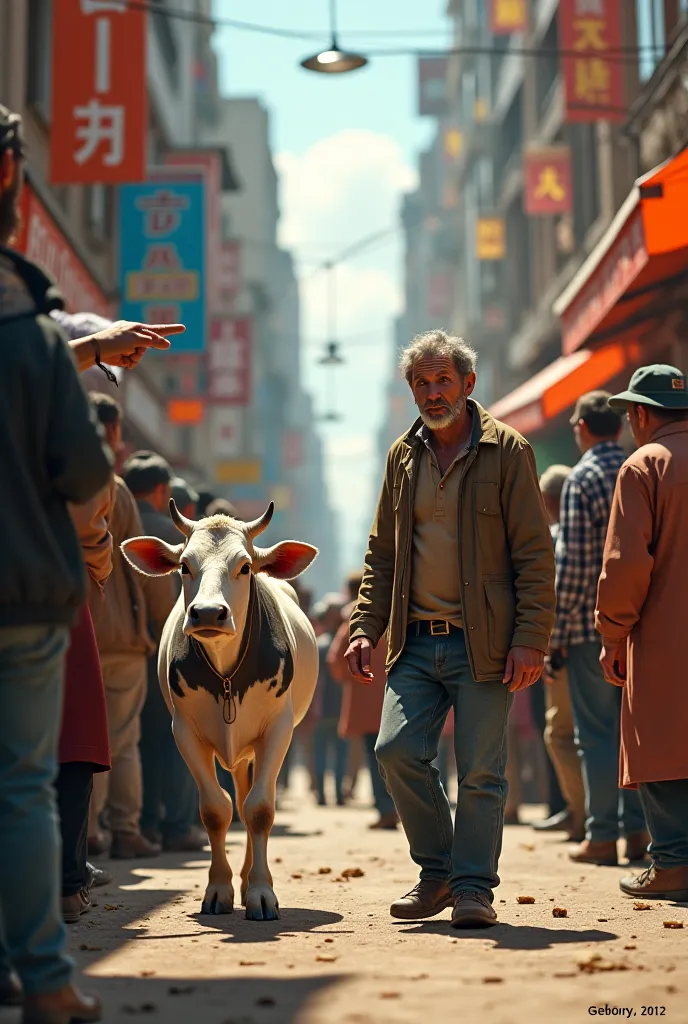 "A thin, weak cow and her owner enter a bustling city. People stare at the cow, laughing at her frail condition. The owner looks sad and helpless, watching the mockery."