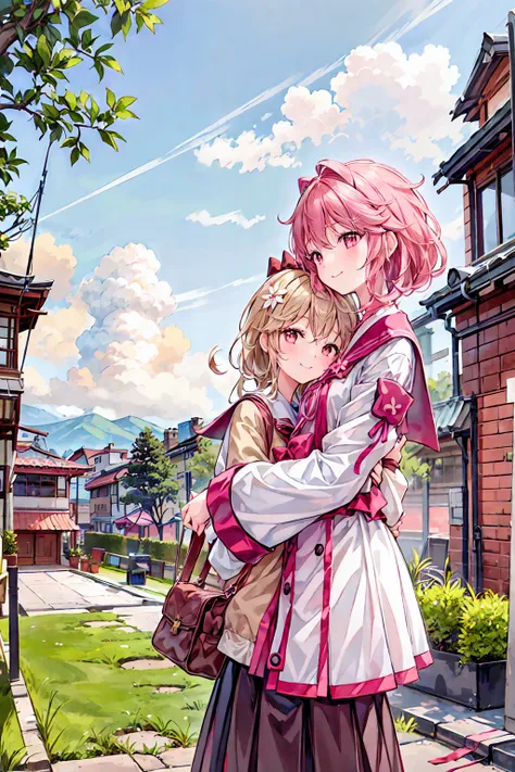 (((2girls))), together, Duo,  masterpiece,  top quality,  integrated landscape, Integrated Background,  Very Delicate and Beautiful,  Details, Good composition,  closed _eye,  cute face ,  Perfect Face,  perfect hand, nail,  Sakura Miko, Sakura Miko, hoshi...