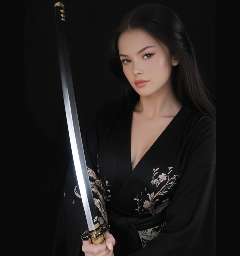 arafed woman in a black robe holding a sword in her hand, unsheathing her katana, swinging reflective katana, she is holding a katana sword, posing with a sword, holding katana, katana in hand, holding a black katana, katana, holding a katana, lightsaber k...