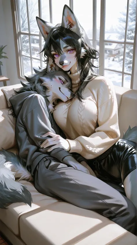 Living room, white couch, day time, sun shining, window, winter, snow, male furry holding female furry wolf, purple eyes, black hair, black hair, grey fur, grey fur body, long hair, furry female, wolf snout, hair reaching the floor, furry snout, all spikey...