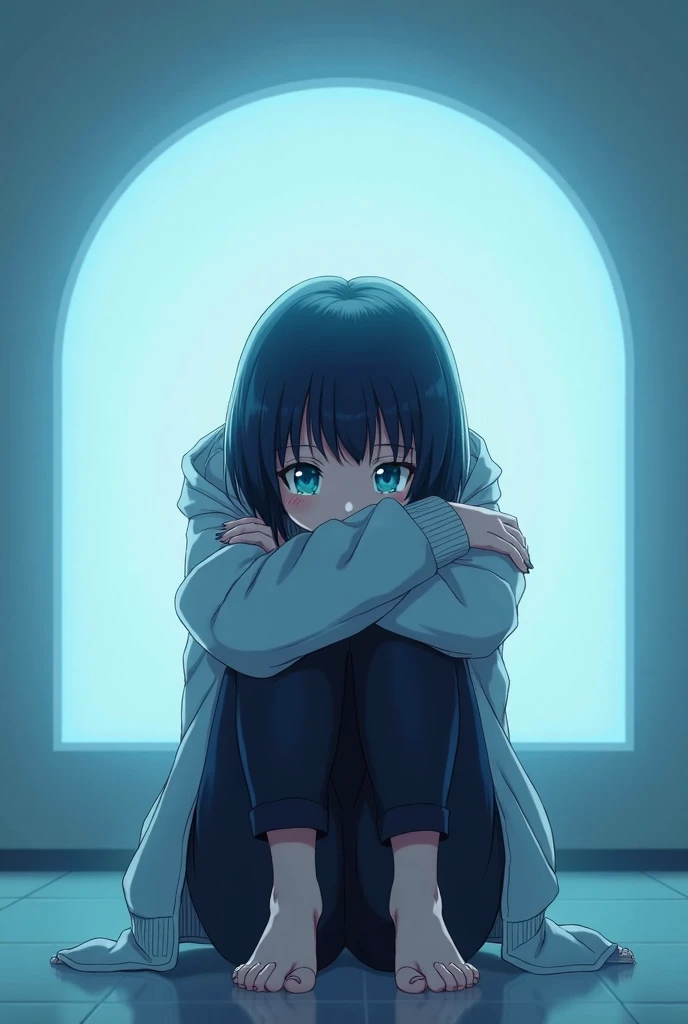  black head, light grey hoodie,  blue eyes, black pants, Japanese women,  animation, The inside of the head is light blue,  is sitting in debt, Hugging the knee, In front of the light, Looking to the side