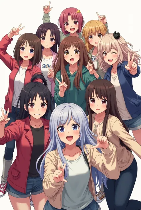 9 girls of different ethnicities posing for a photo with different types of anime-style expressions and one of them with curly hair 