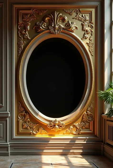  round hole in the room wall、Inside the hole is dark 、 gold、 natural light、Gorgeous relief、Gold Leaf、 hole seen from the front 