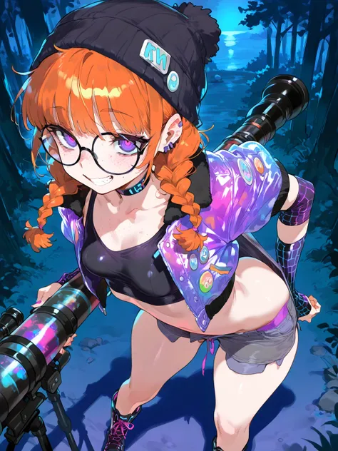 (NSFW, masterpiece, best quality, amazing quality, very aesthetic), \(rocks, forest, night\), 1girl, solo, \(orange hair, purple eyes, Messy Twin Braids with Curtain Bangs hairstyle, glasses, freckles, small breasts, Crop Top, Boots, Cyber Goth Arm Warmers...