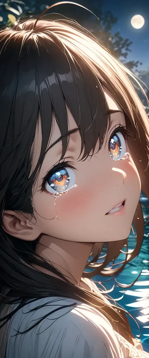 A high-quality anime illustration, wearing a dress, (crouching by the poolside:1.3), from side, ((looking up at the sky)), straight black hair, beautiful and detailed eyes, brown irises, a well-defined, attractive face, (detailed beautiful face:1.2), (and ...