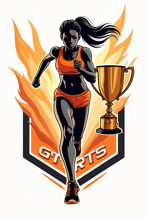 "A dynamic and modern girls' sports logo featuring a central female athlete running energetically at the center, symbolizing determination and motion. She wears a sleek sports outfit in orange and black. In the background, a shining trophy is prominently d...