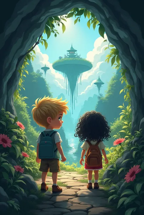 A  blond boy with his sister who has curly black hair she is the 
They went into a cave looking for their sister and went to a magical world 