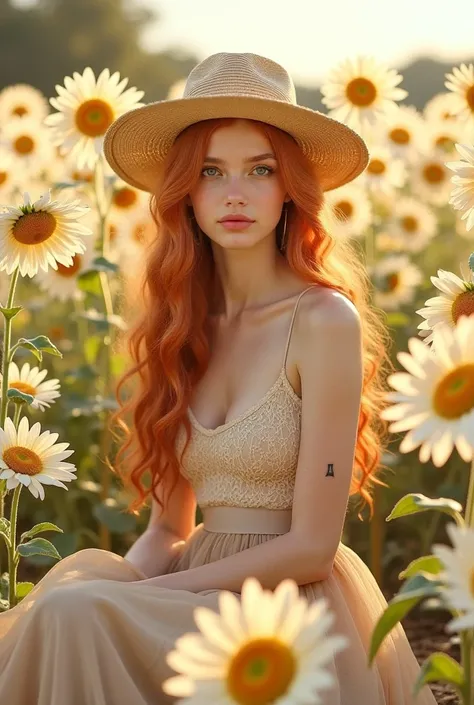  European girl " (long, wavy red hair, wide-brimmed straw hat, off-white lace tank top, flowing beige tulle skirt, small tattoo on her arm) sits amid a field of daisies and unusually large, pale cream-colored sunflowers. Serene, strange, otherworldly mood,...