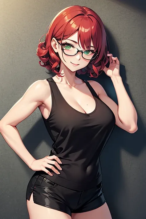 Adult anime woman with a toned body. She has freckled skin and short red curly hair. She is wearing glasses, a tight white tank top that shows a little cleavage, and tight black short shorts. She is leaning against a wall and looking at the viewer with her...